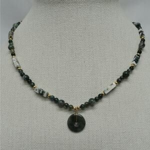 Handmade Green Moss Agate gemstone round disk pendant necklace boho earthy hippy